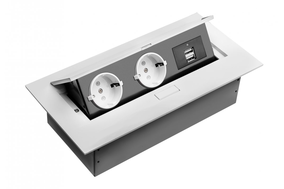 Galdā iebūvējams pagarinātājs, 2x schuko, 2xUSB, bez kabeļa, balts