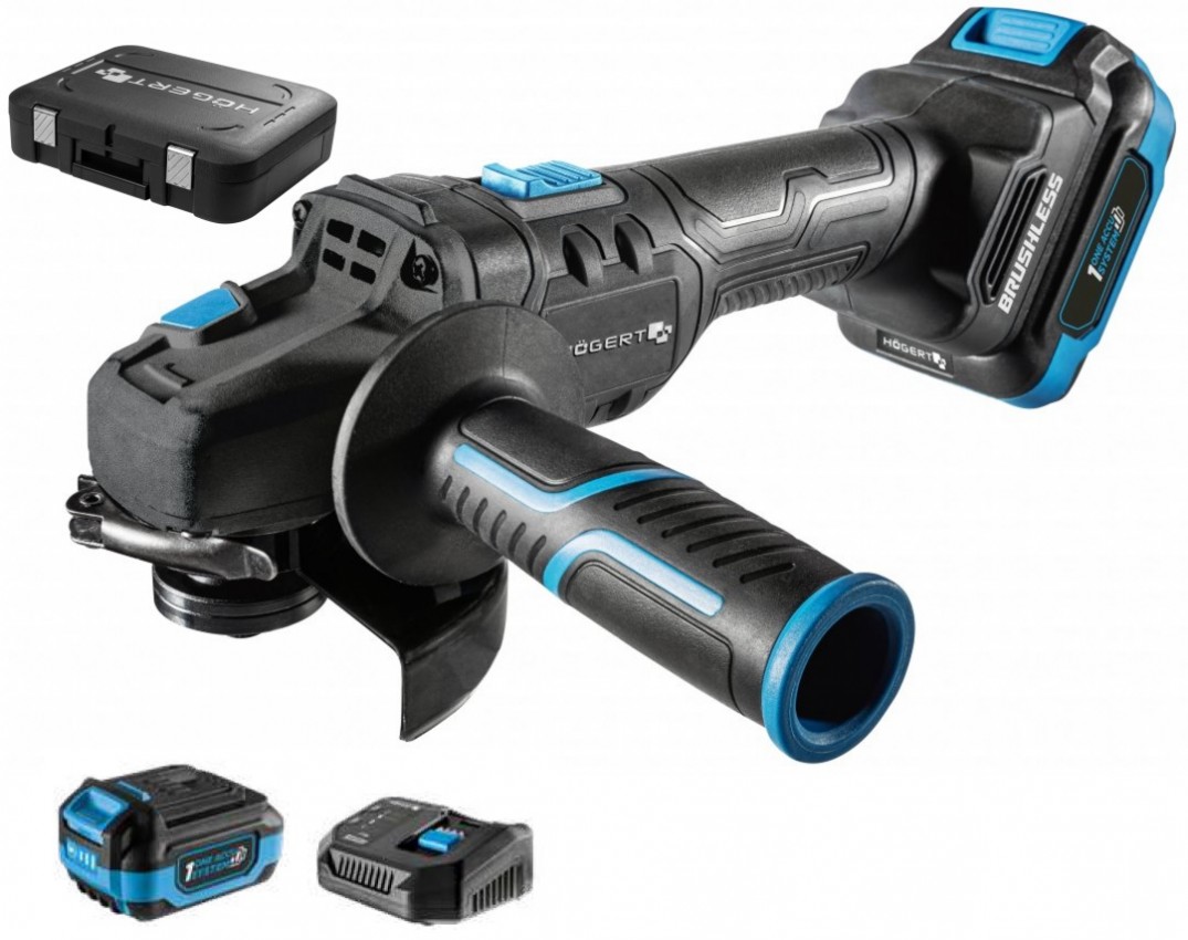 Akumulatora bezsuku leņķa slīpmašīna 125 mm 18V + 2 akumulatori 4Ah + uzlādes stacija 4A + futrālis