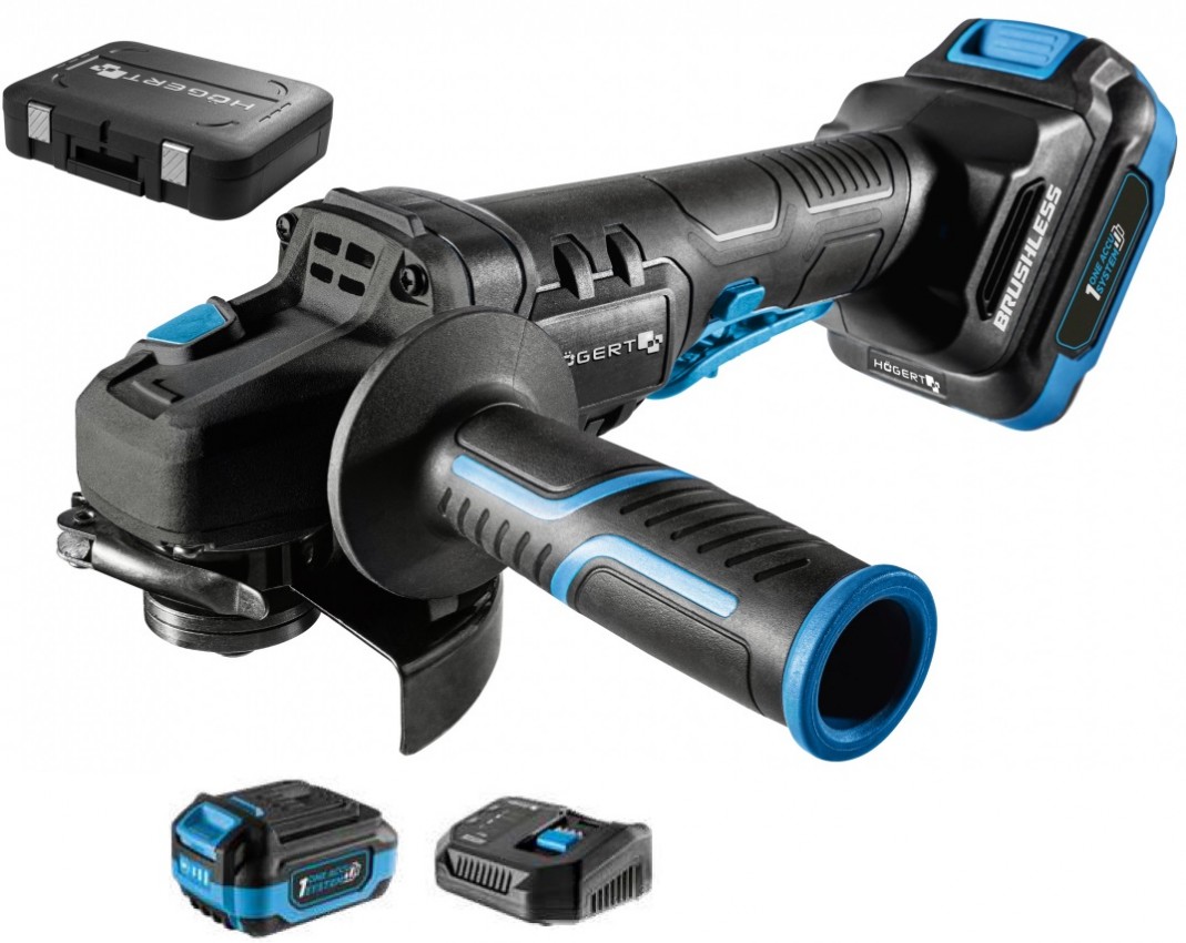 Akumulatora bezsuku leņķa slīpmašīna 125 mm 18V ar lāpstiņu slēdzi + 2 akumulatori 4Ah + 4A uzlādes stacija + futrālis
