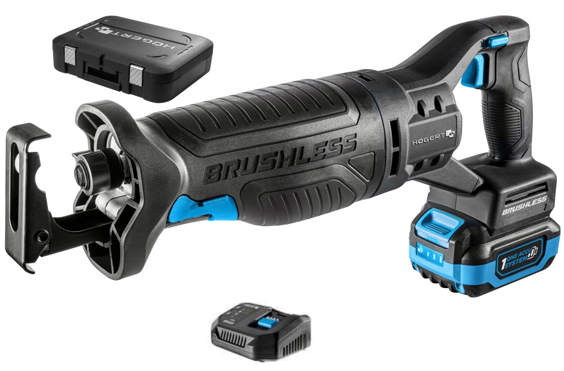 Akumulatora bezsuku virzuļzāģis 18V + akumulators 4Ah + uzlādes stacija 4A + futrālis