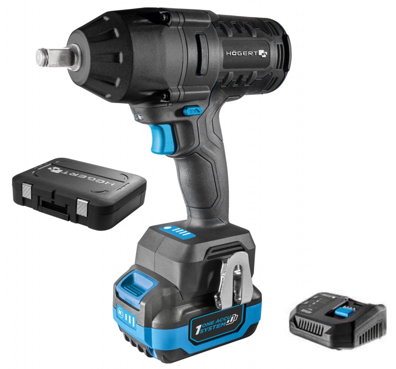 Akumulatora bezsuku trieciena uzgriežņu atslēga 600 Nm 18V + 4Ah akumulators + 4A uzlādes stacija + futrālis